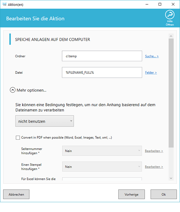 Speichern und Konvertieren von E-Mail-Anhangsoptionen